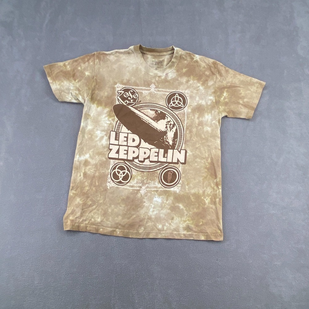Led Zeppelin T Shirt Mens Medium Brown Tie Dye Blimp Graphic Print Logo Cotton
